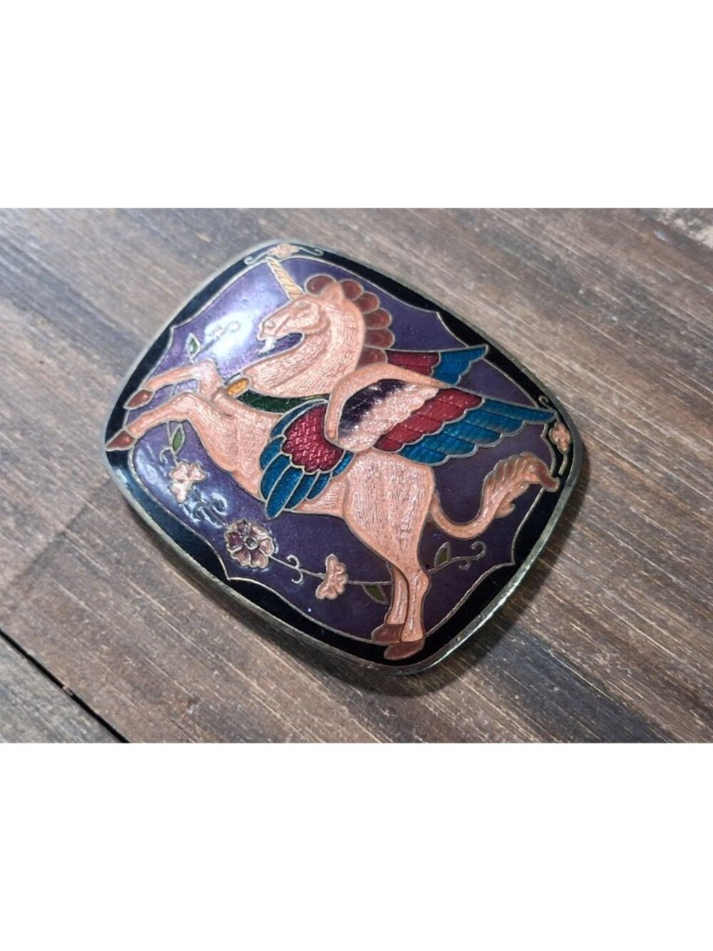 Vintage Winged Unicorn Belt Buckle Epic Cloisonne Enamel Purple Alicorn Mythical - Picture 2 of 7
